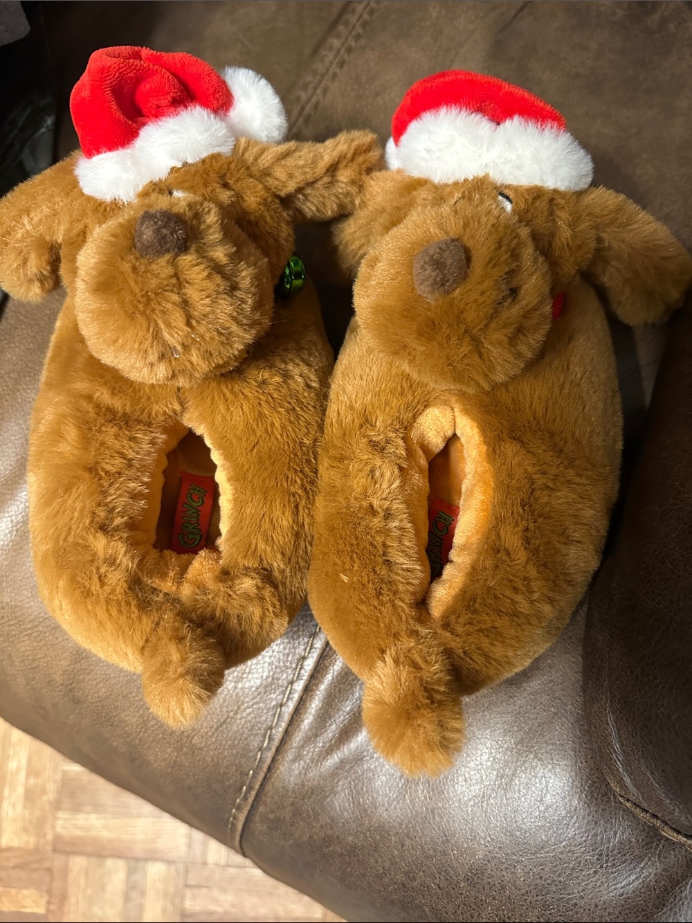 Plush Reindeer Kids Slippers - Brown with Red Santa Hats